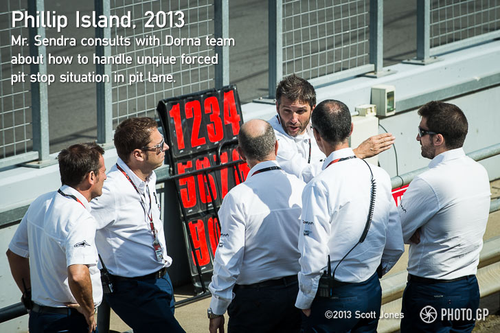 Sergi Sendra and Dorna crew in pit lane Phillip Island 2013